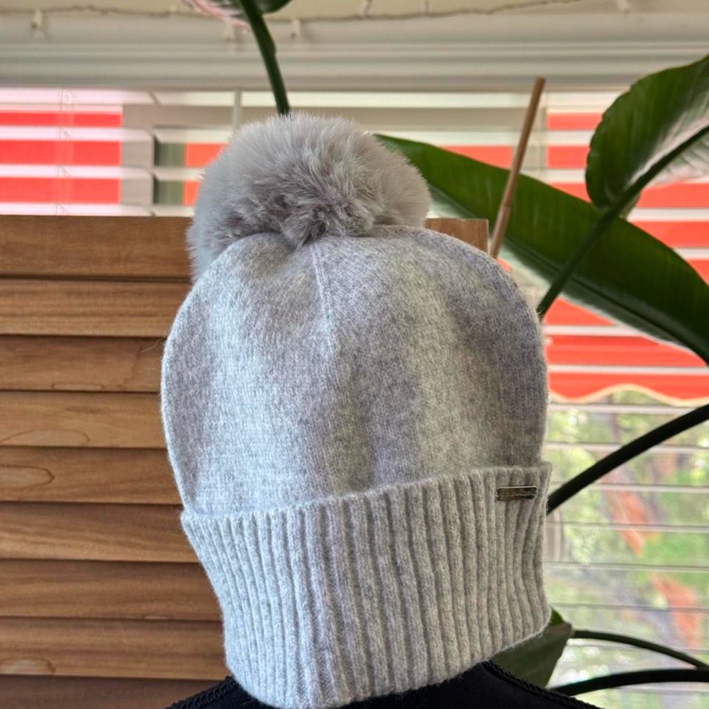 Soft Gray Pom Pom Knit Beanie Ribbed Cuff Cozy Winter